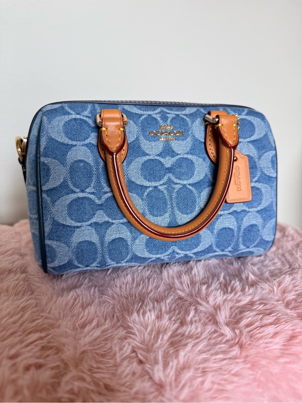 Coach Mini Denim Rowan Signature Satchel in Light Blue and Tan - Picture 2 of 9